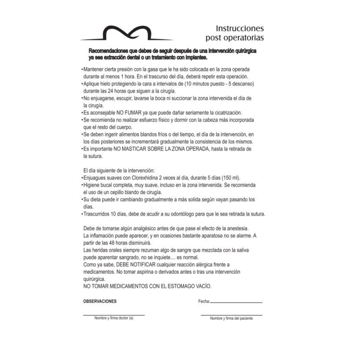 Formato de Instrucciones Post Operatorias Cenit Block C/50 Piezas