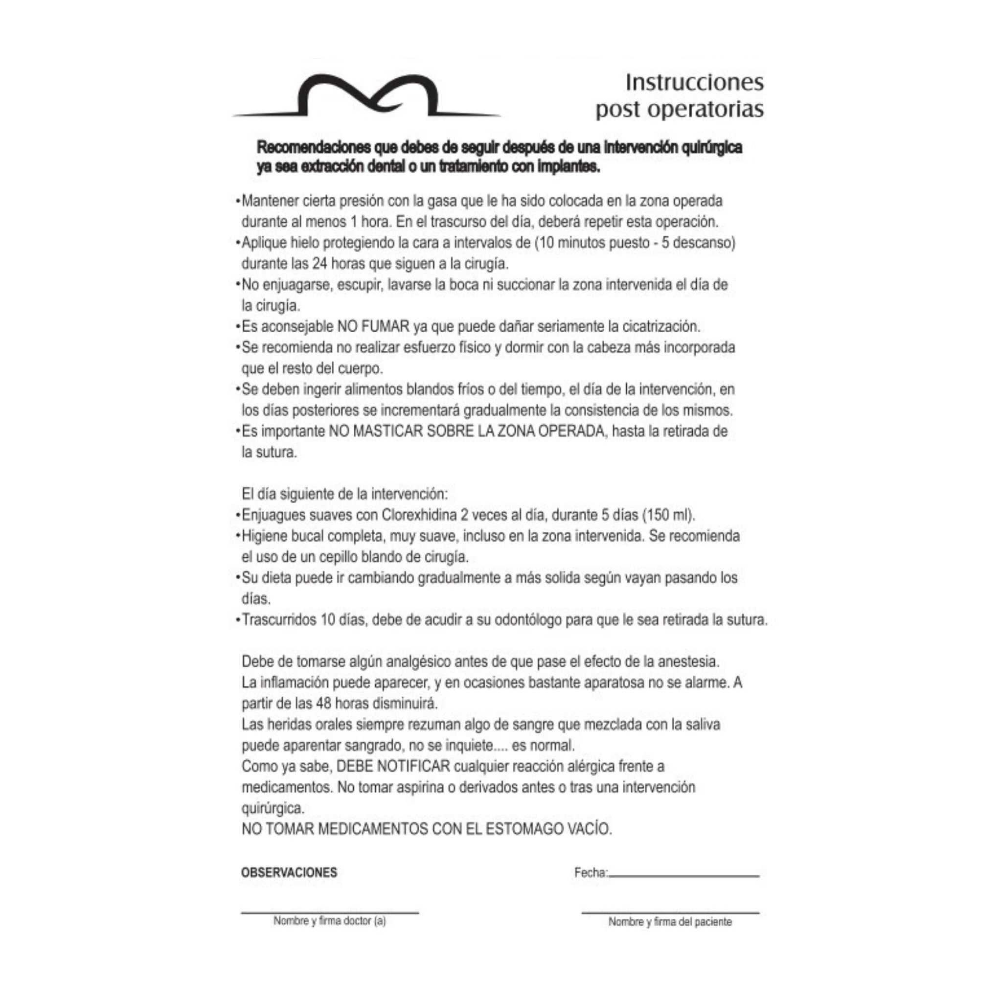 Formato de Instrucciones Post Operatorias Cenit Block C/50 Piezas